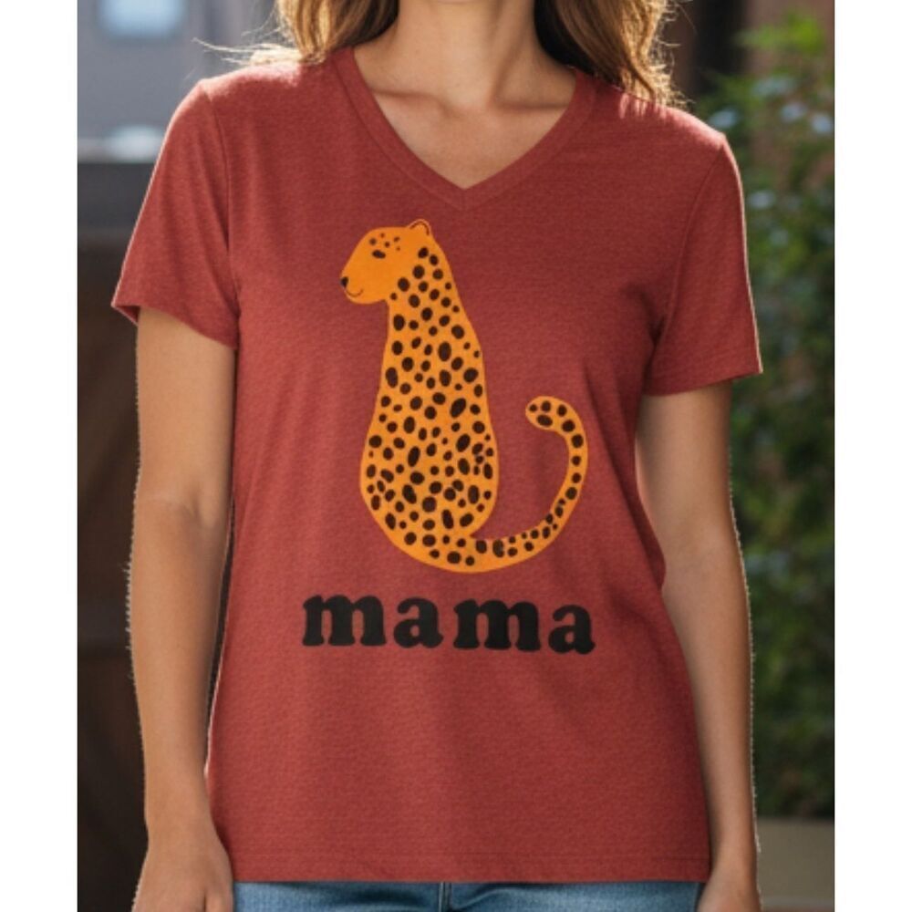 Oliver & Otis V-Neck T-Shirt Womens Size S Cheetah Leopard Mama Tee Novelty